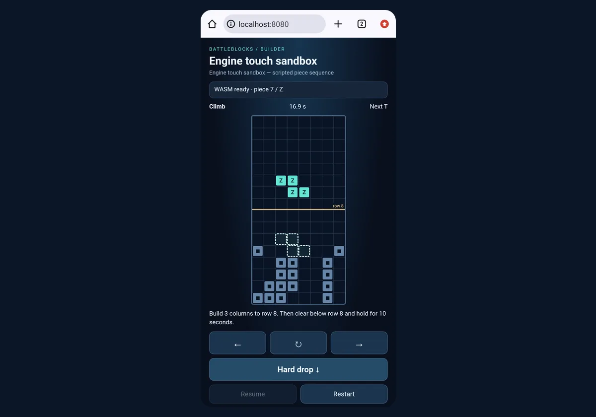 A phone-shaped screenshot from an Android emulator. Chrome shows localhost:8080 and a page titled Engine touch sandbox. A tall board holds a stack of blue blocks with a teal Z piece falling above a line marked row 8, and buttons for left, rotate, right, hard drop, resume and restart sit underneath.